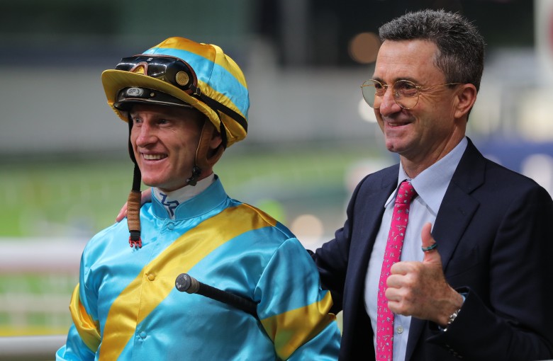 Zac Purton (left) and Douglas Whyte (right) celebrate the win of Giant Ballon at Happy Valley. Photos: Kenneth Chan