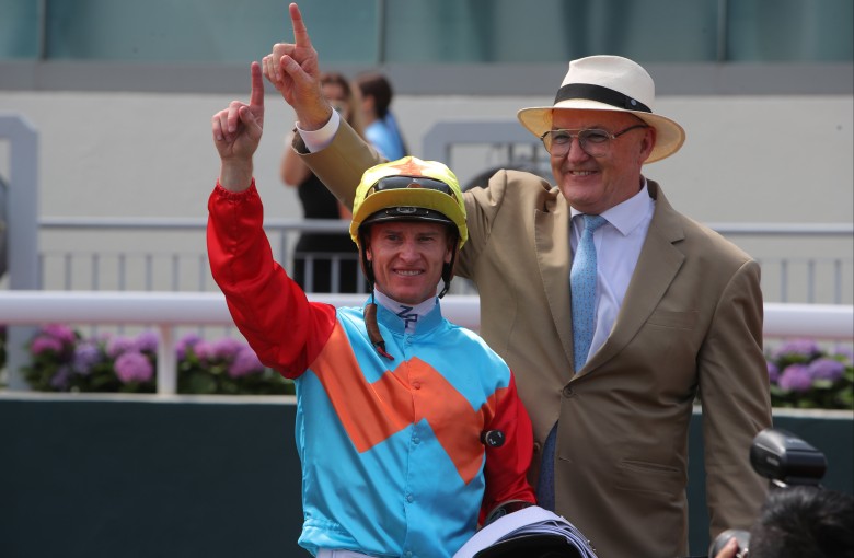 Jockey Zac Purton and trainer David Hayes celebrate Ka Ying Rising’s latest victory. Photos: Kenneth Chan