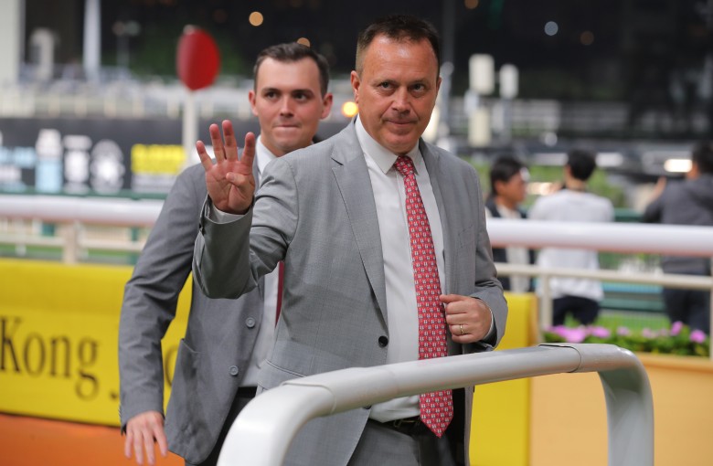 Caspar Fownes celebrates a Happy Valley four-timer last month. Photos: Kenneth Chan