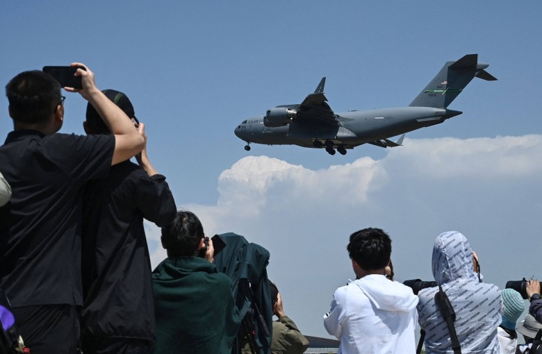 A US Air Force C-17 lands at Beijing Capital Airport on May 11, ahead of a visit by US President Donald Trump. Photo: AFP