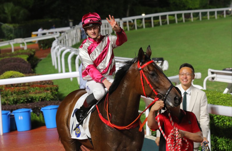 Ethan Brown celebrates his treble after guiding Endued to victory. Photos: Kenneth Chan