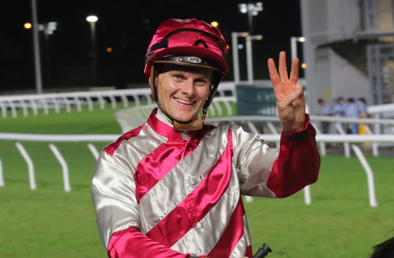 Ethan Brown celebrates his Sha Tin treble. Photos: Kenneth Chan