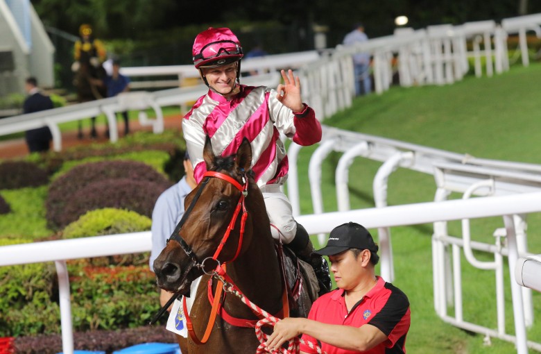 Ethan Brown celebrates after winning aboard Endued at Sha Tin. Photos: Kenneth Chan
                        
                        