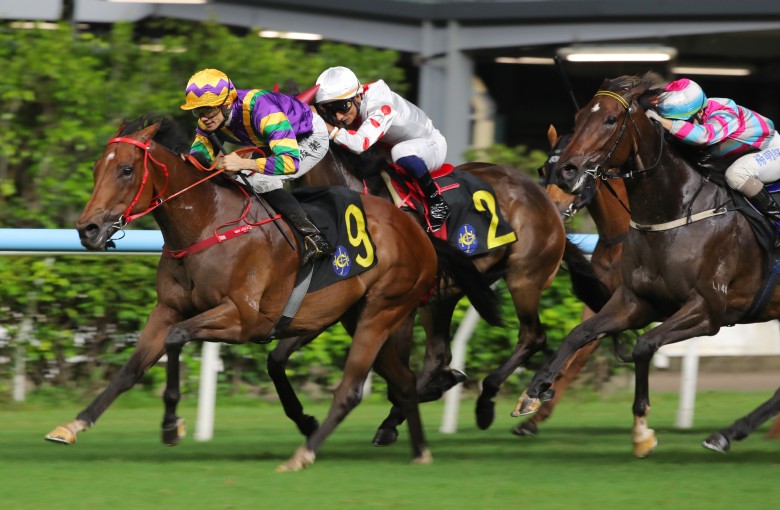 Jerry Chau, here riding The Perfect Match (#9), enjoyed a stand-out season in Hong Kong last campaign, racking up 48 winners. Photo: Kenneth Chan.