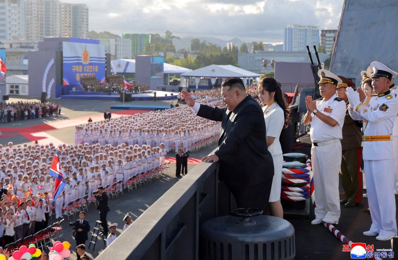 North Korean leader Kim Jong-un, accompanied by his daughter Kim Ju-ae, attends the commissioning ceremony of the destroyer Kang Kon, at Wonsan Port, North Korea, on September 6, in this picture released by North Korea’s official Korean Central News Agency. Photo: KCNA via Reuters 