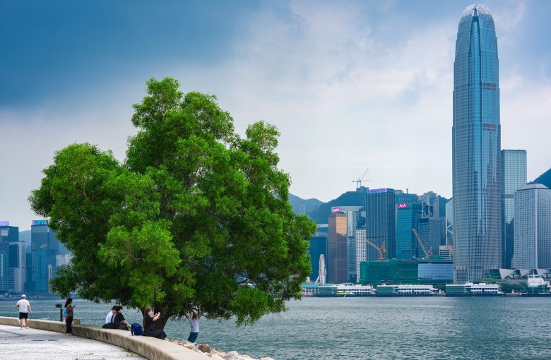 People enjoy the waterfront at the West Kowloon Cultural District in Hong Kong, on September 7. Photo: Sam Tsang