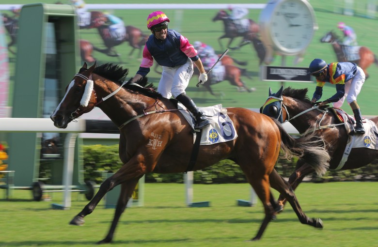 Neil Callan shows his delight as Thanks Forever crosses the line. Photos: Kenneth Chan