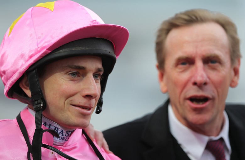 Jockey Ryan Moore with trainer John Size after winning at Sha Tin. Photos: Kenneth Chan