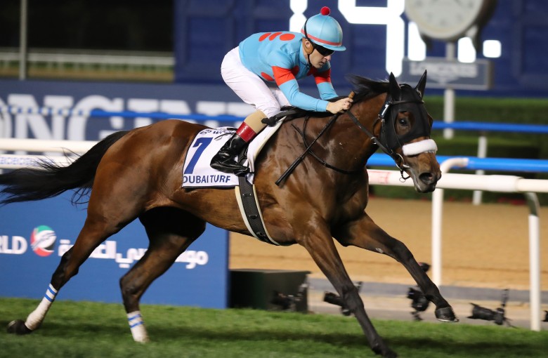 Almond Eyes wins the Group One Dubai Turf in March. Photos: Kenneth Chan