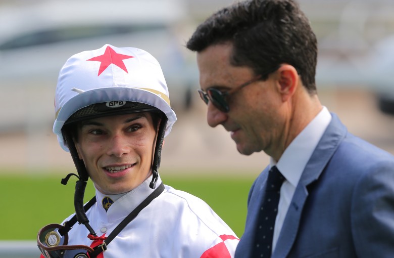 Jockey Alexis Badel with trainer Douglas Whyte after the win of Inner Flame at Sha Tin. Photos: Kenneth Chan