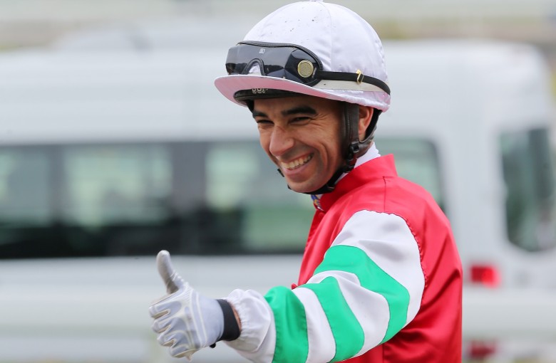 An elated Joao Moreira celebrates Seize The Spirit’s win. Photo: Kenneth Chan
