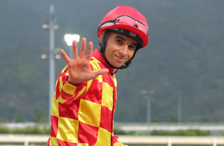 Joao Moreira laps up his five-win haul after saluting aboard Shining Ace. Photos: Kenneth Chan