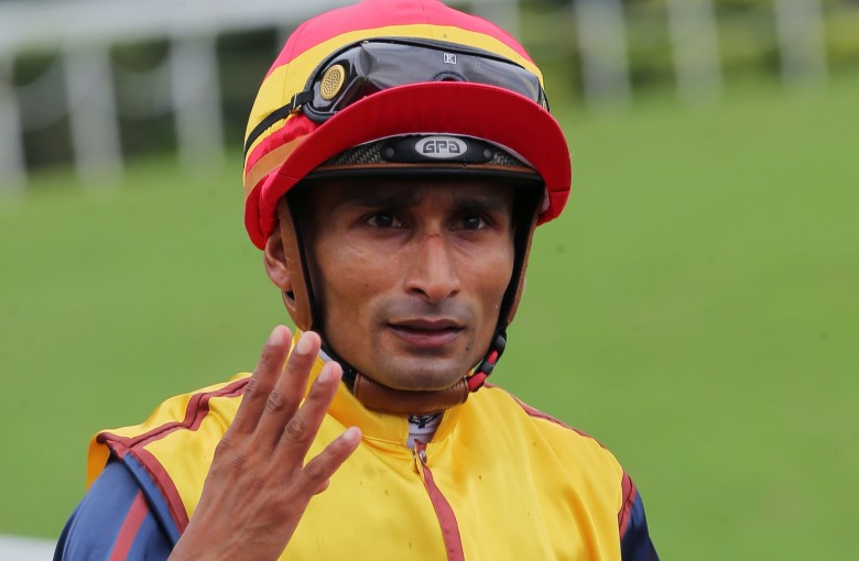 Karis Teetan celebrates his four-timer at Sha Tin on Sunday. Photo: Kenneth Chan