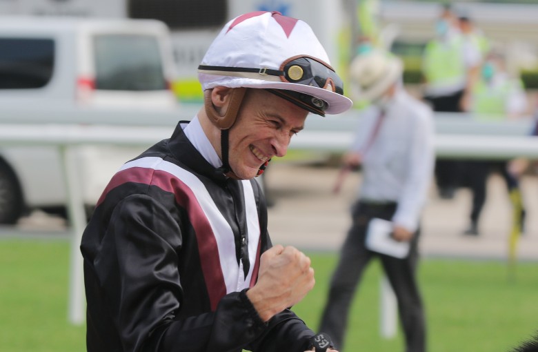 A jubilant Blake Shinn celebrates his win aboard Plikclone at Sha Tin on Sunday. Photos: Kenneth Chan