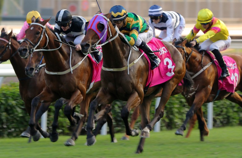 Joao Moreira guides Furore to victory in Sunday’s Group Three Sa Sa Ladies’ Purse (1,800m). Photos: Kenneth Chan
