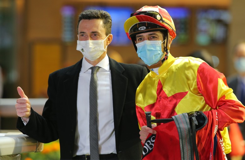 Douglas Whyte and Christophe Soumillon celebrate Savvy Nine’s win in the January Cup. Photos: Kenneth Chan