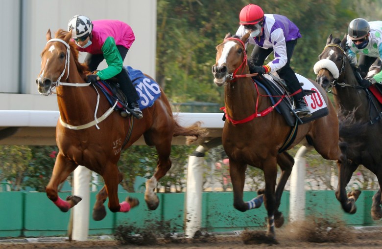 Joyful Fortune dashes clear in a recent barrier trial under Joao Moreira. Photos: Kenneth Chan