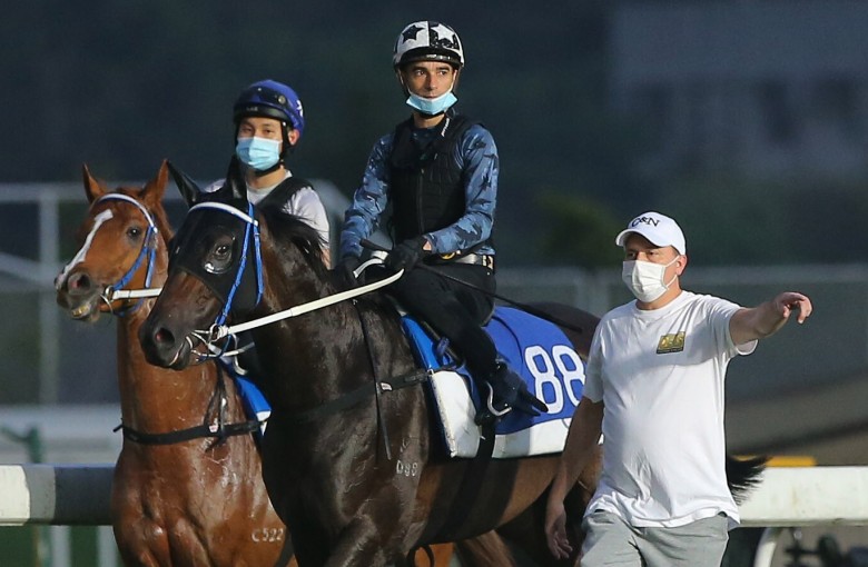 Caspar Fownes with Sky Darci, ridden by Joao Moreira on Thursday morning. Photos: Kenneth Chan