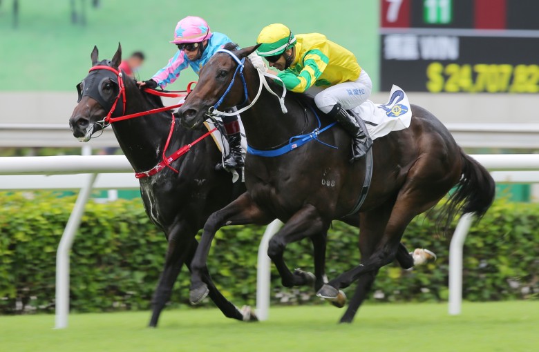 Sky Darci (outside) holds off Healthy Happy to win the Lion Rock Trophy. Photos: Kenneth Chan