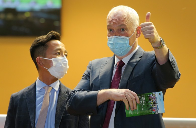 Trainer David Hall celebrates one of his two winners at Happy Valley on Wednesday night. Photo: Kenneth Chan