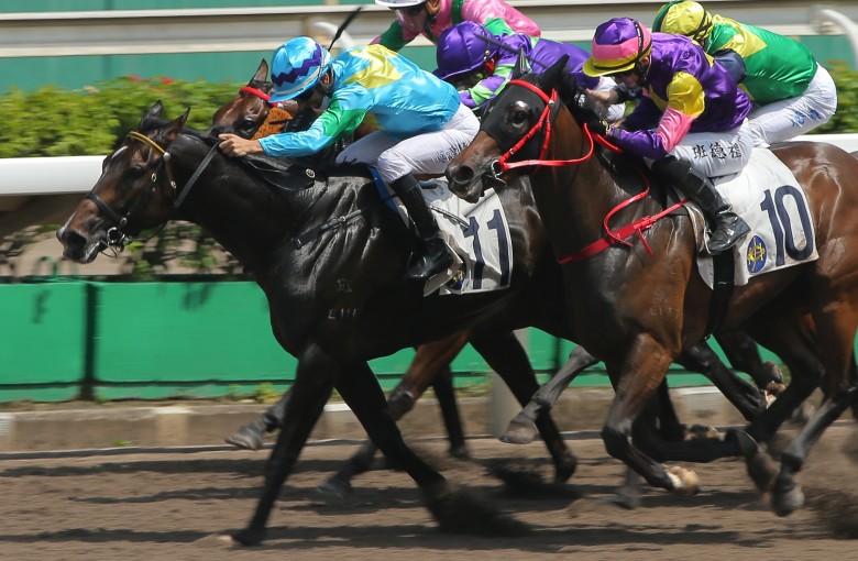 Joao Moreira boots Steel Win (blue silks) home at Sha Tin on Sunday. Photos: Kenneth Chan