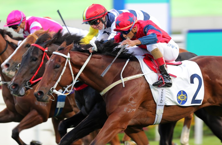 Karis Teetan drives home The Golden Scenery, edging out Zac Purton and Packing Victory. Photos: Kenneth Chan