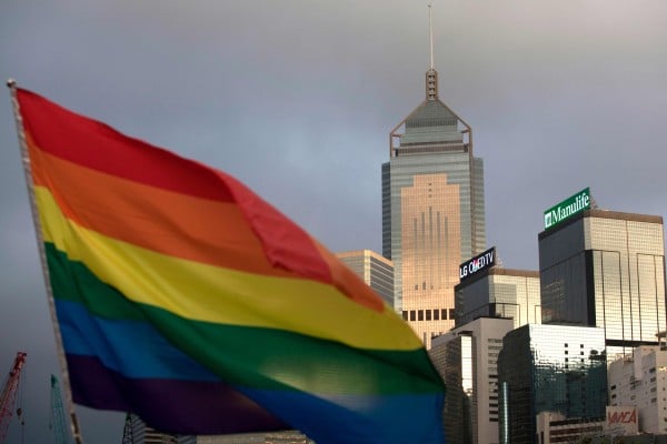 A symbolic rainbow flag for the LGBT community flutters in Hong Kong. Photo: AFP