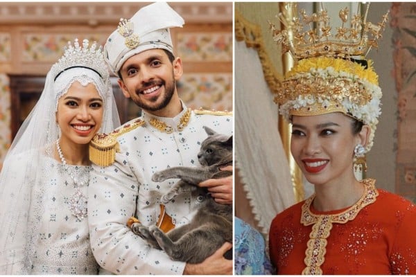Brunei’s Princess Fadzilah and her groom Awang Abdullah Nabil Mahmoud Al-Hashimi sported elegant ensembles on different days of their wedding celebrations. Photos: @muash.portfolio, @newtron_bw/Instagram



