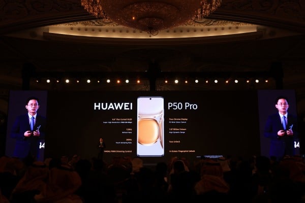The Huawei P50 Pro on show at a launch event in Riyadh, Saudi Arabia, on January 26, 2022. Photo: Xinhua The Huawei P50 Pro on show at a launch event in Riyadh, Saudi Arabia, on January 26, 2022. Photo: Xinhua