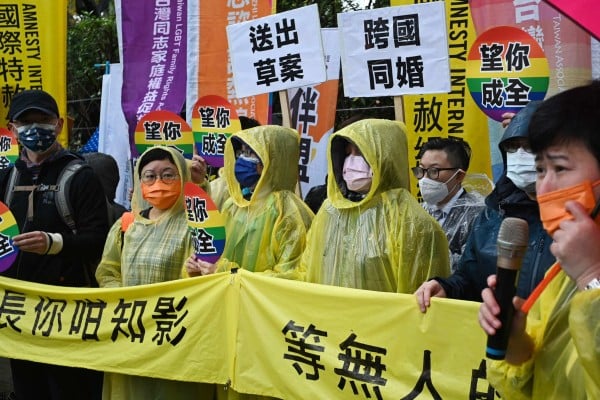 Activists protesting in Taipei on Monday called on the government to approve gay marriage with foreign partners. Photo: AFP