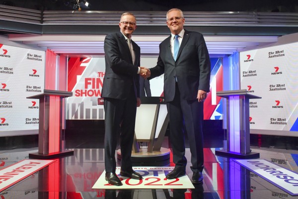 Australian Prime Minister Scott Morrison (right) with opposition leader Anthony Albanese ahead of the leaders’ debate in Sydney on Wednesday. Photo: AP