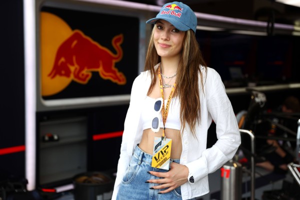 Olympian Eileen Gu poses outside the Red Bull Racing garage at the F1 Grand Prix of Miami on May 07, 2022. Photo: AFP