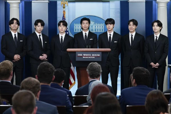 Members of the K-pop supergroup BTS at the White House in Washington on  Tuesday. Photo: AP 