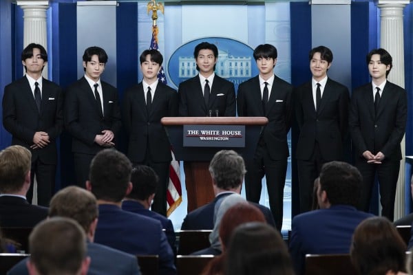 Members of the K-pop supergroup BTS at the White House in Washington on Tuesday. Photo: AP Members of the K-pop supergroup BTS at the White House in Washington on Tuesday. Photo: AP