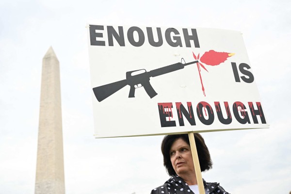 A gun control advocate participates in the March for Our Lives protest near the Washington Monument on the National Mall in Washington on Saturday. Photo: AFP