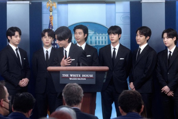 BTS makes statements against anti-Asian hate crimes at the White House on May 31, 2022. Photo: Reuters