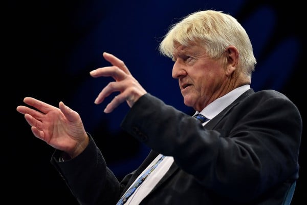 Stanley Johnson, father of British Prime Minister Boris Johnson, speaks to Conservative Party delegates in Manchester, England, in October. His planned trip to Xinjiang in China has sparked controversy. Photo: AFP
