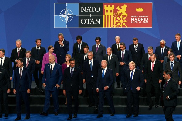 US President Joe Biden (front row) and other leaders depart after posing for the official group photograph during the Nato summit in Madrid on Wednesday. Photo: AFP