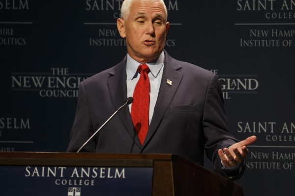 Former US Vice- President Mike Pence addresses an audience during a visit to the ‘Politics and Eggs,’ business gathering of the New Hampshire Institute of Politics on Monday. Photo: EPA-EFE