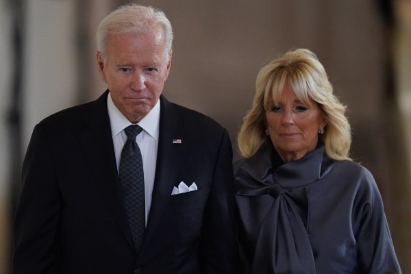 US President Joe Biden and First Lady Jill Biden view the coffin of Queen Elizabeth II, lying in state on the catafalque in Westminster Hall, London. Photo: PA