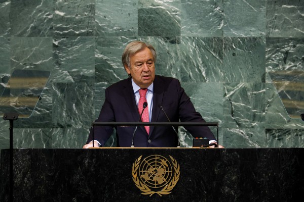 UN Secretary General Antonio Guterres speaks during the 77th session of the United Nations General Assembly in New York on Tuesday. Photo: TNS