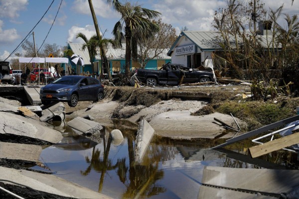 A vehicle sits on the destroyed Pine Island Road following Hurricane Ian in Matlacha Isles, Florida, US, on Saturday,. Photo: Bloomberg