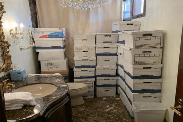 Stacks of boxes in a bathroom in the Lake Room at Mar-a-Lago, the Donald Trump’s private club. Photo: US Department of Justice 