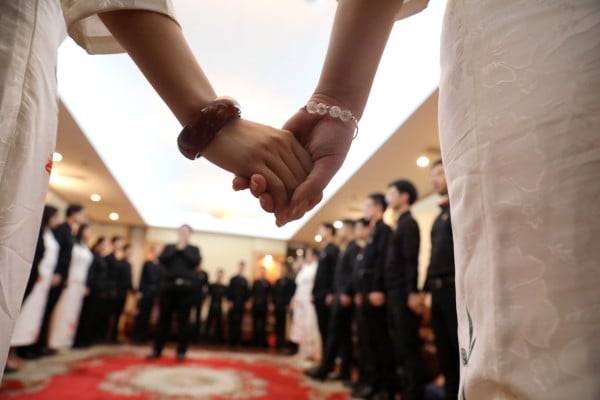 A Beijing-based choir comprising members of the LGBT community prepares backstage  before a concert during Shanghai’s Pride celebrations in June 2018. Photo: Simon Song