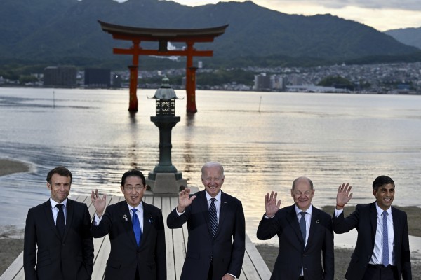 From the left, French President Emmanuel Macron, Japan’s Prime Minister Fumio Kishida, US President Joe Biden, Germany’s Chancellor Olaf Scholz and Britain’s Prime Minister Rishi Sunak visit the Itsukushima shrine on Miyajima island in Hatsukaichi, Hiroshima, on May 19. Western governments want to reduce their exposure to security risks inherent in economic exchanges with China. But how to get there is a different story.
Photo: AP