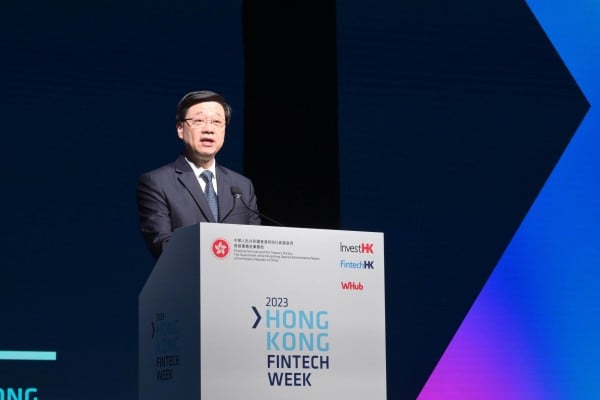 Chief Executive John Lee speaks at Hong Kong FinTech Week 2023. Photo: Handout  

