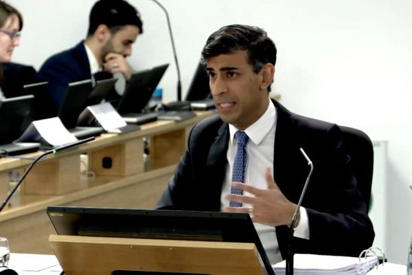 British Prime Minister Rishi Sunak gives evidence at the COVID-19 Inquiry, in London on Monday. Photo: UK Covid-19 Inquiry/Handout via Reuters