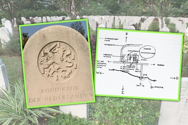 The tombstone belongs to Job van Belzen who survived a Tokyo POW camp but died in a plane crash during his repatriation. The sketch shows a POW camp. Photo: SCMP composite/Justin Ho/AJ von Metzsch, Bericht uit Hainan (1994)