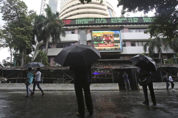 A stock market index displayed on the facade of the Bombay Stock Exchange (BSE) building in Mumbai, India. Photo: AP