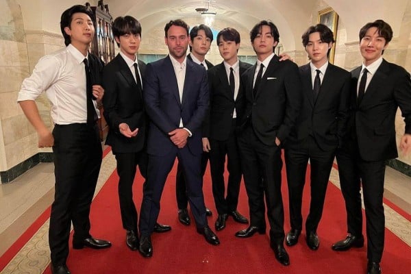 Hybe America boss Scooter Braun (third from left) with BTS at the White House in Washington in 2022. Photo: Instagram/scooterbraun
